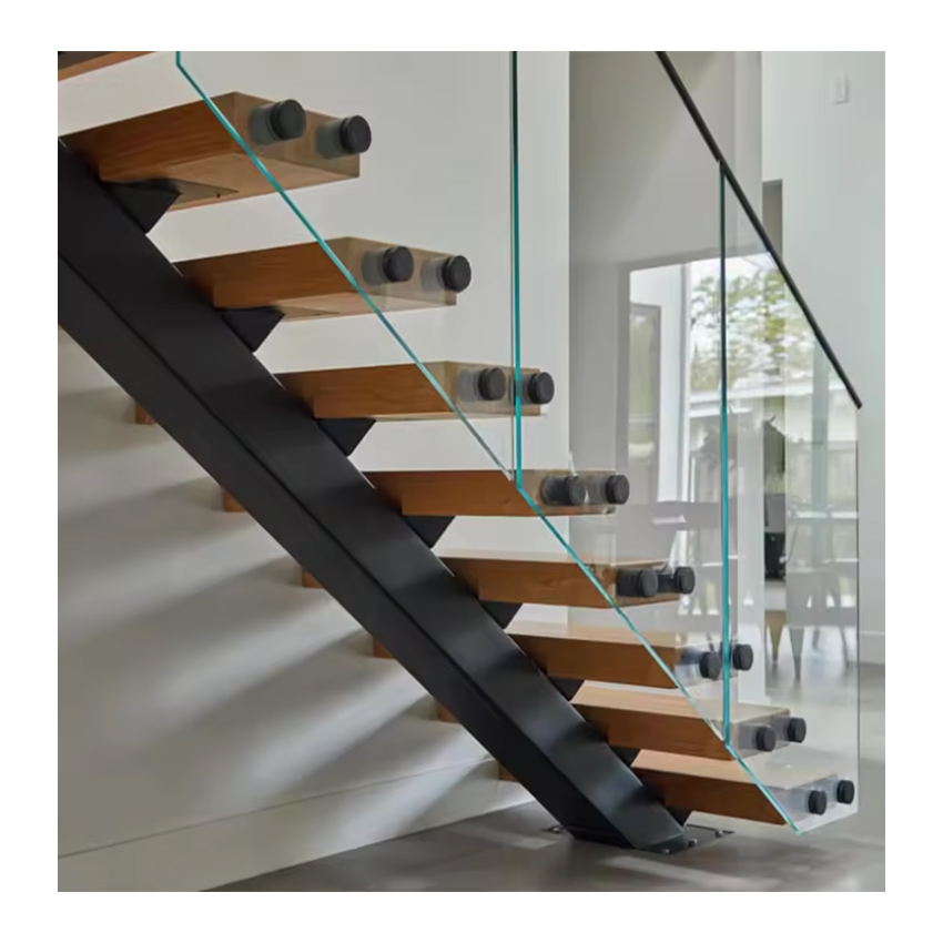 indoor Straight wood tread glass railing Modern Floating Staircase/Prefab led light wood Stair